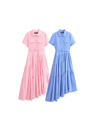 'Anna' Skewed Hem Belted Shirt Dress （2 Color)