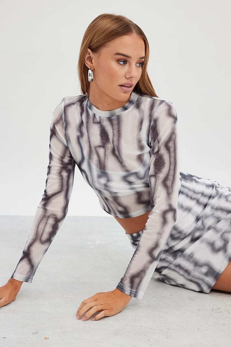 Black Abstract Top High Neck Long Sleeve Abstract Print Mesh
