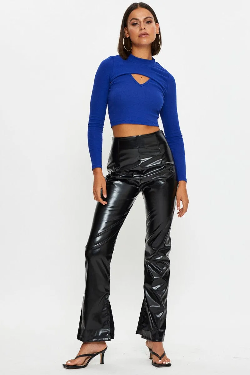 Black Faux Leather Side Split Pants
