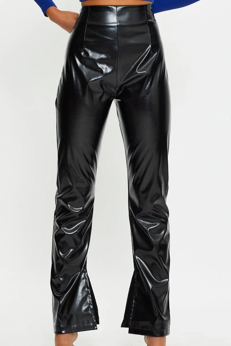Black Faux Leather Side Split Pants