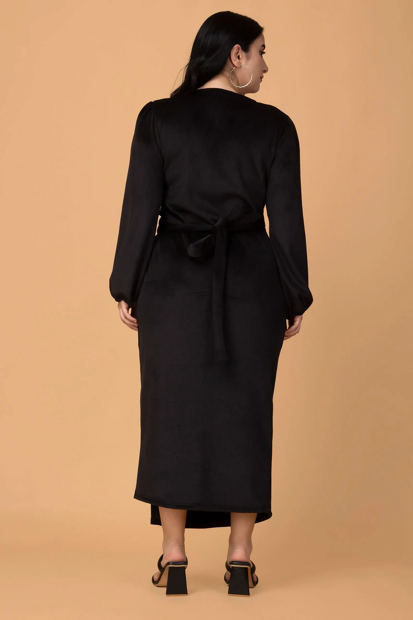 Black Solid Ribbed Knit Maxi Dress