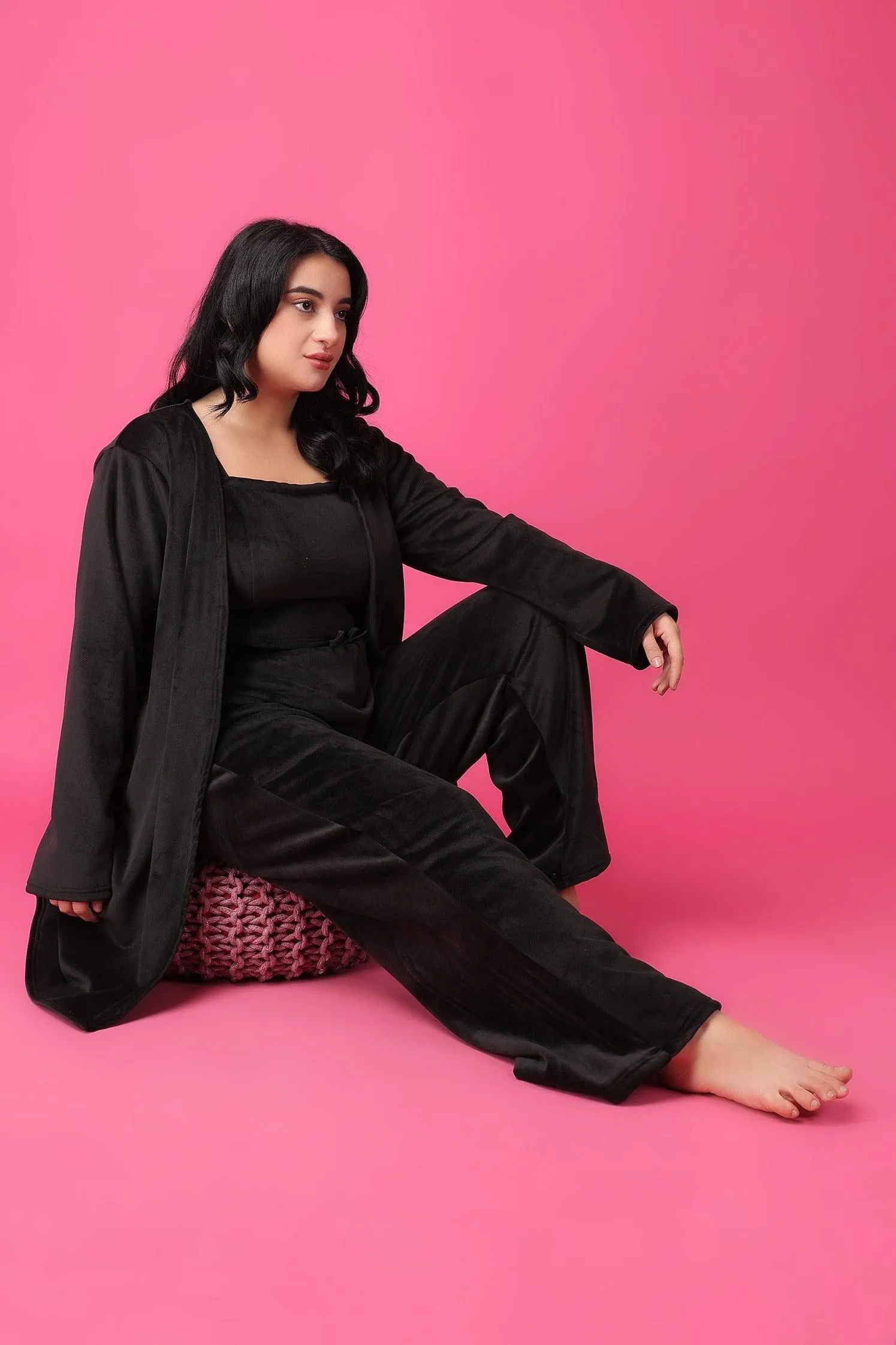 Black Solid Winter Set with Robe