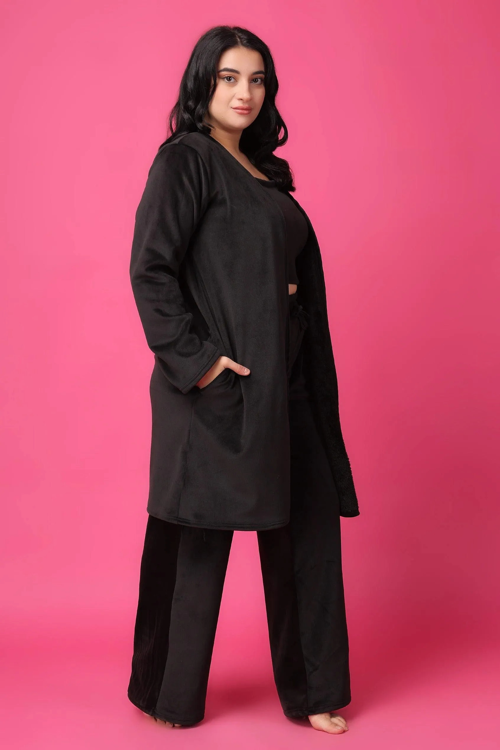 Black Solid Winter Set with Robe