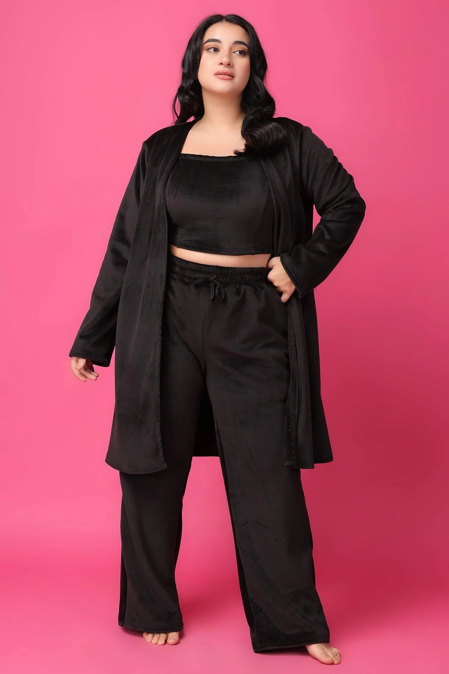 Black Solid Winter Set with Robe
