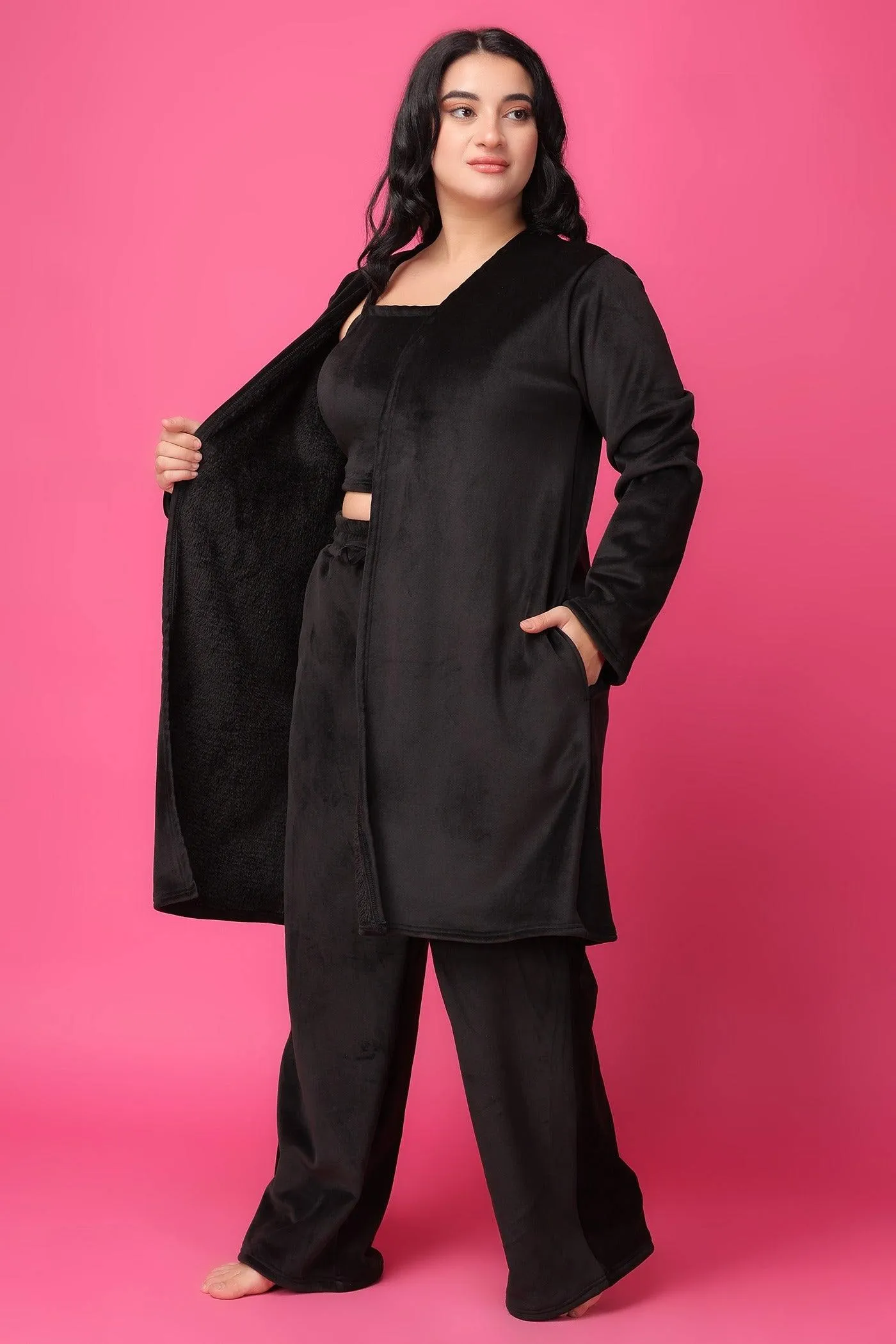Black Solid Winter Set with Robe