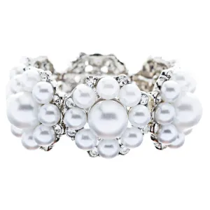 Bridal Wedding Jewelry Gorgeous Crystal Pearl Flower Stretch Bracelet Silver WT