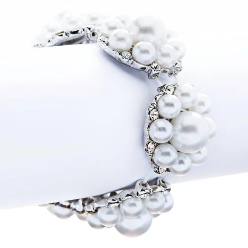 Bridal Wedding Jewelry Gorgeous Crystal Pearl Flower Stretch Bracelet Silver WT