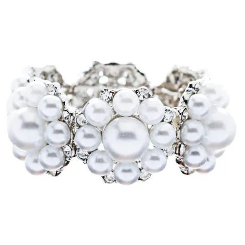 Bridal Wedding Jewelry Gorgeous Crystal Pearl Flower Stretch Bracelet Silver WT