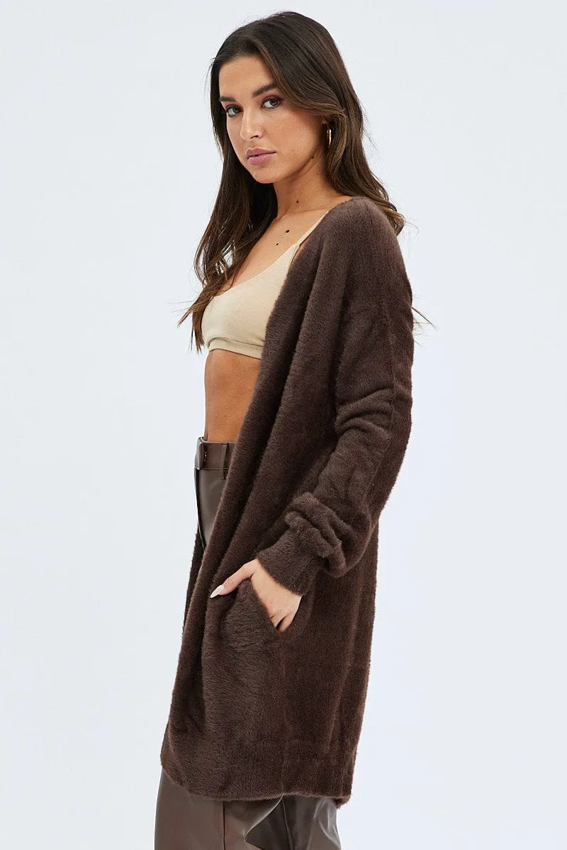 Brown Fluffy Longline Cardigan