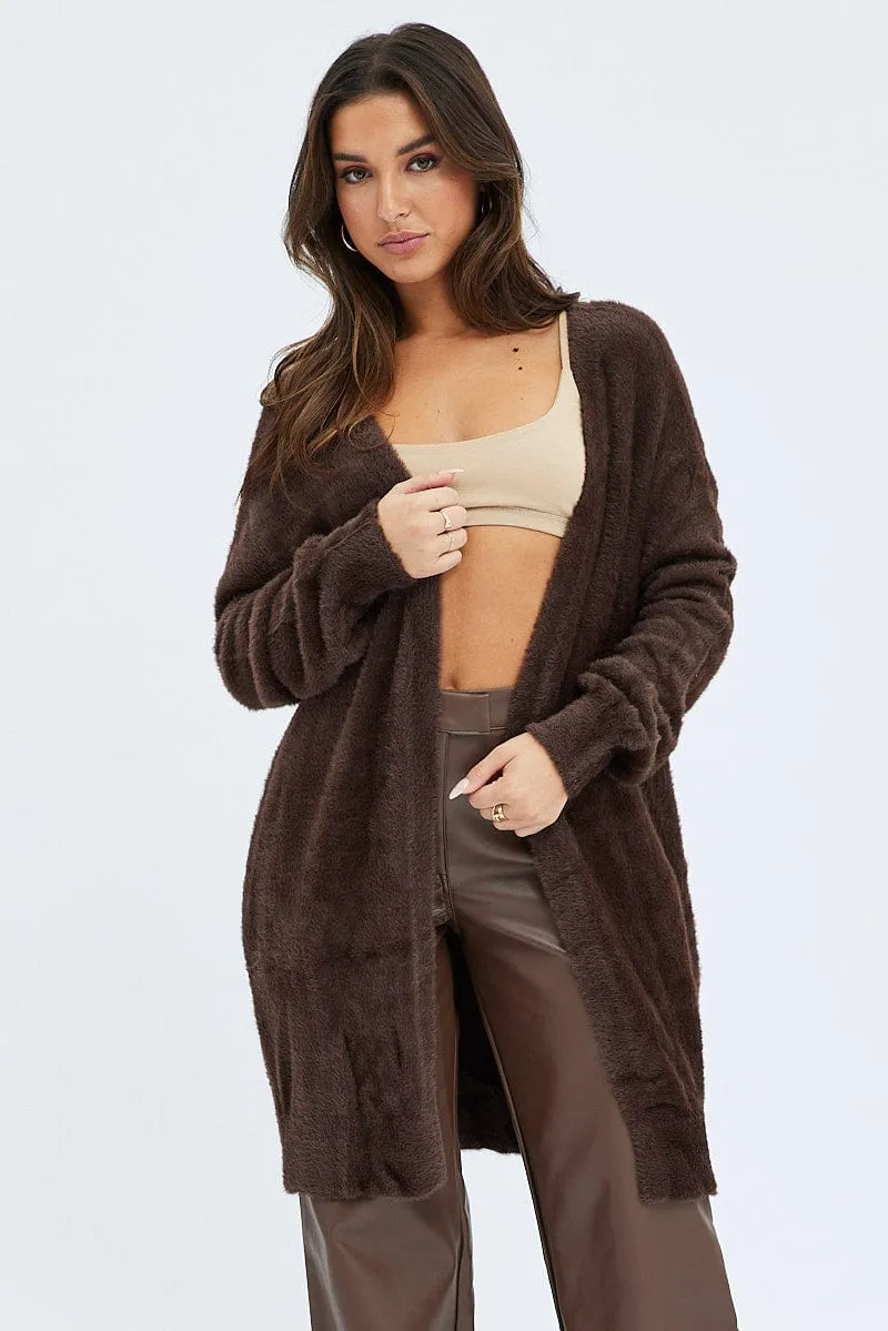 Brown Fluffy Longline Cardigan