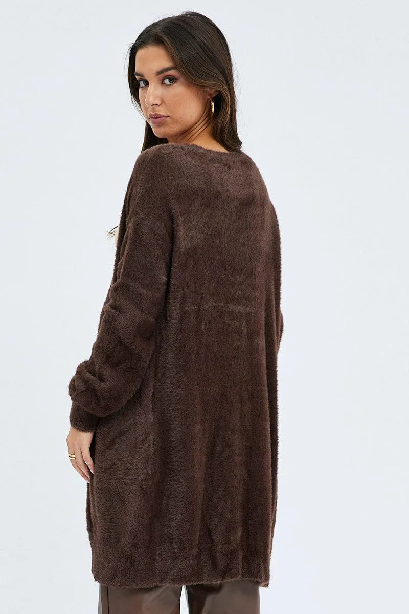 Brown Fluffy Longline Cardigan