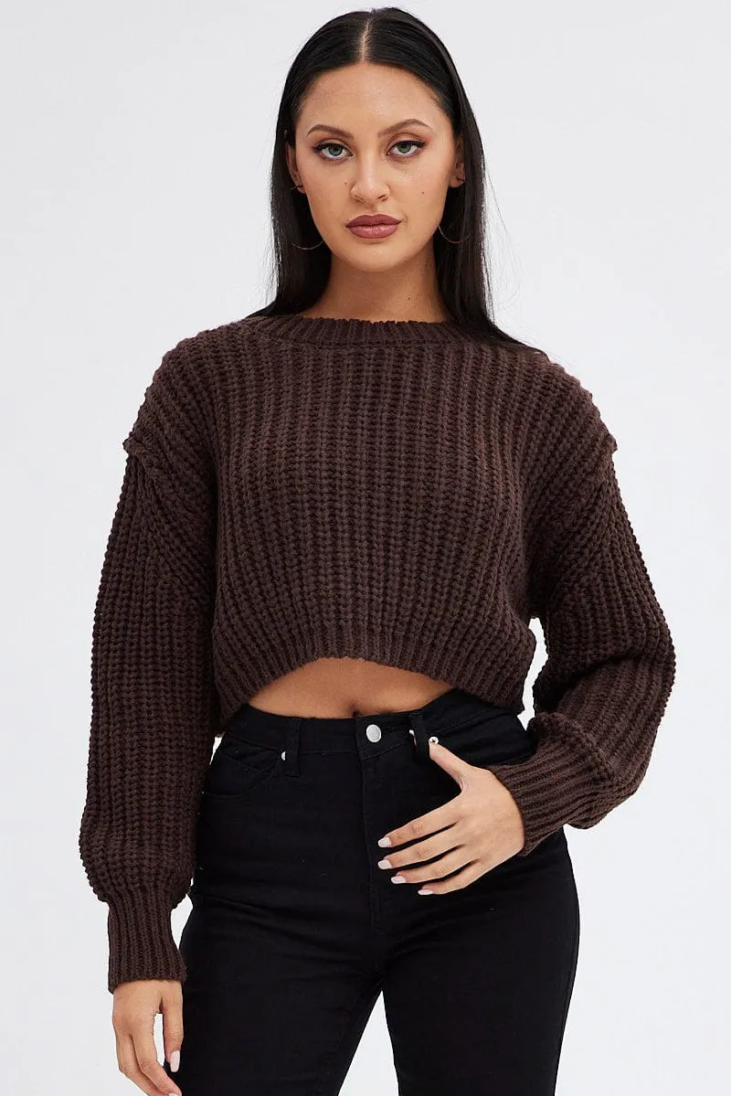 Brown Knit Top Round Neck Long Sleeve Crop