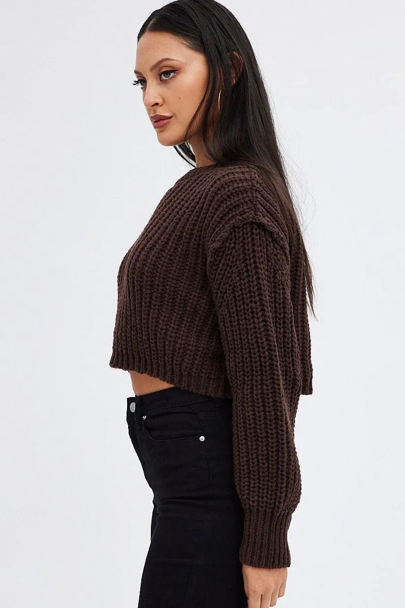 Brown Knit Top Round Neck Long Sleeve Crop