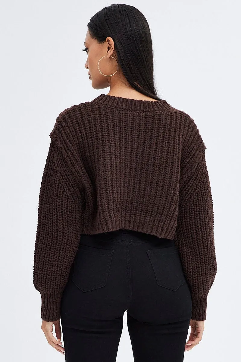 Brown Knit Top Round Neck Long Sleeve Crop