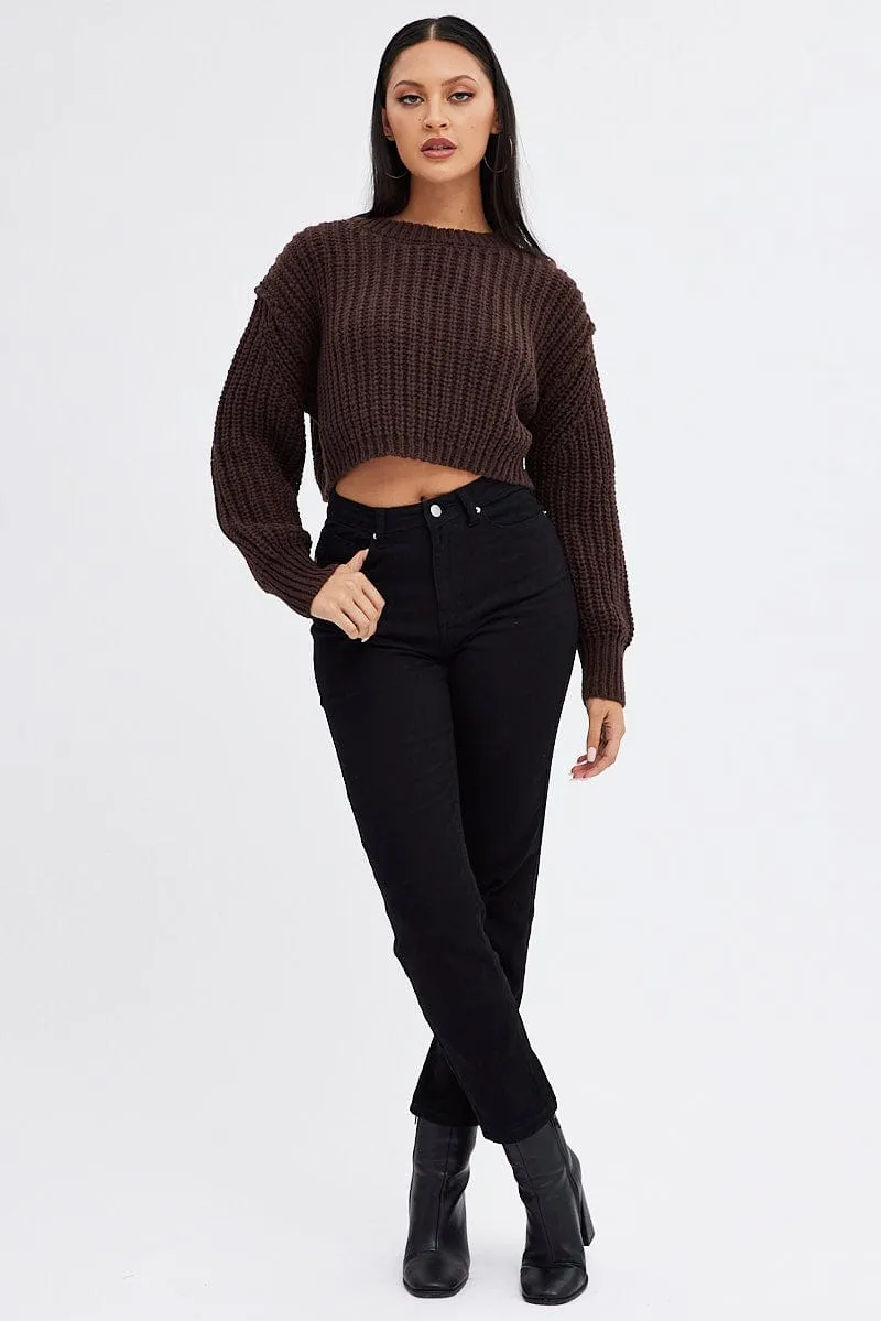 Brown Knit Top Round Neck Long Sleeve Crop