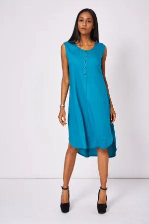 Buttons Front Teal Dress With Side Pockets