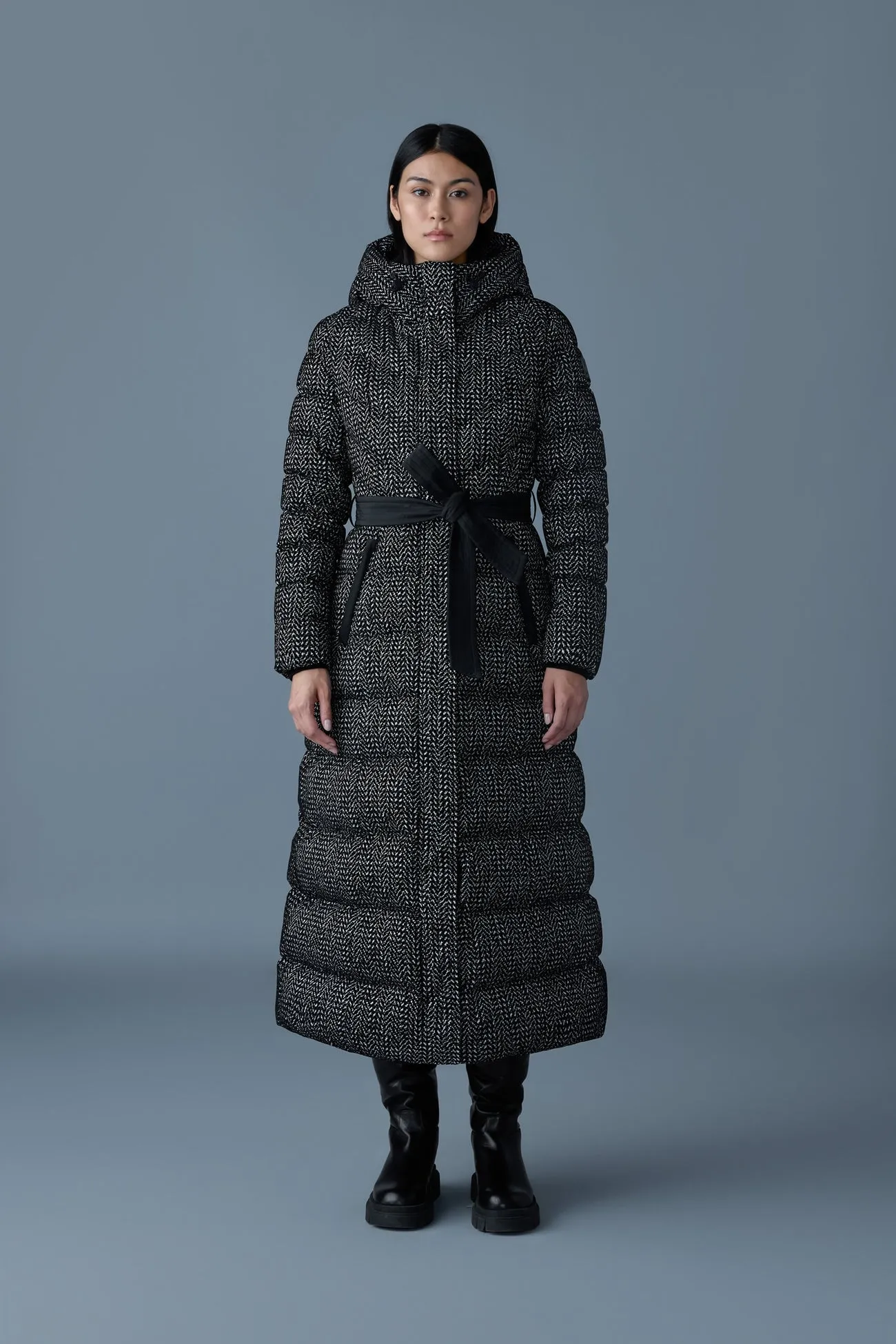 CALINA-FLP Flocked down maxi coat Black White