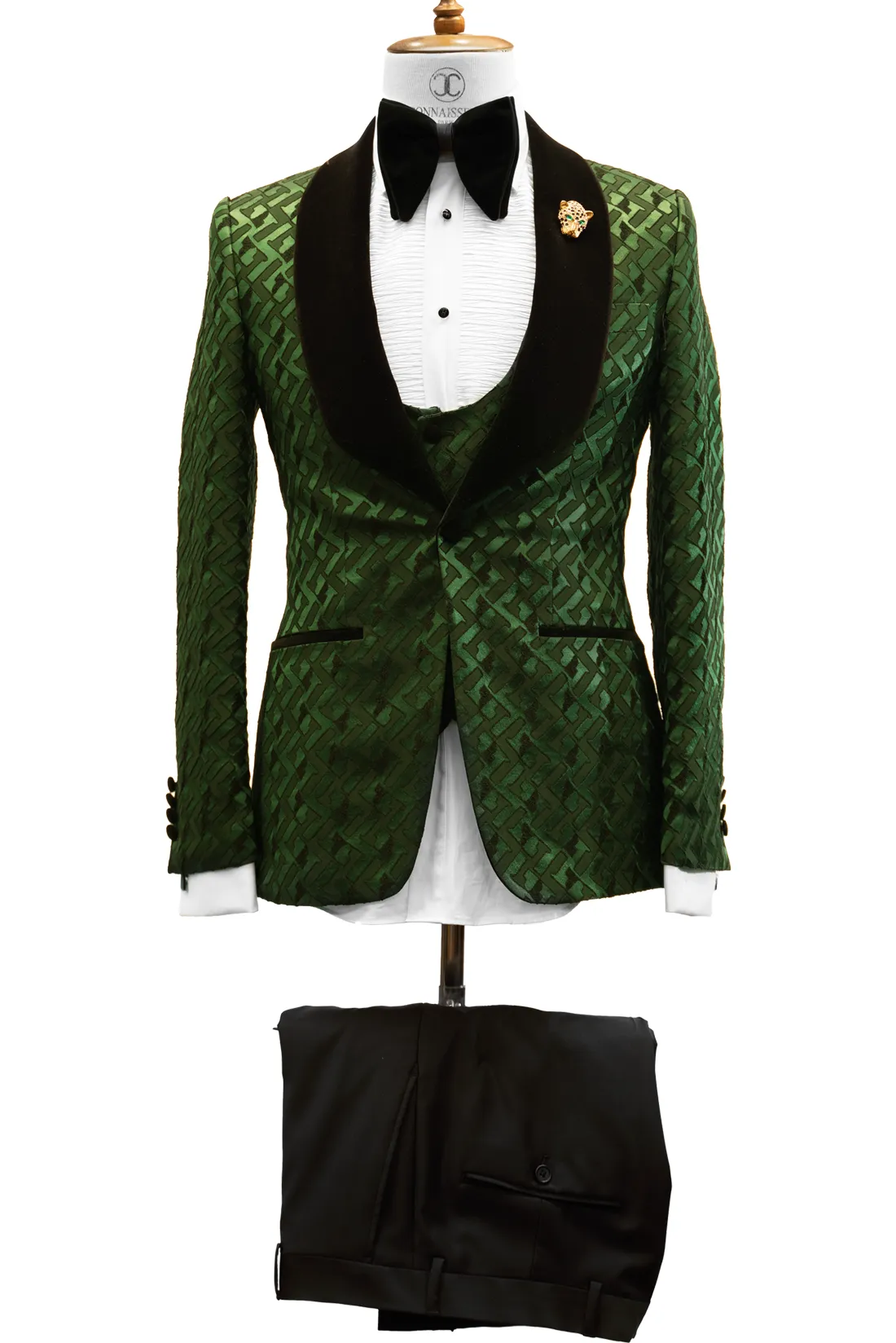 CONNAISSEUR - FOREST GREEN WITH H PATTERN 3-PIECE SLIM FIT TUXEDO WITH U VEST