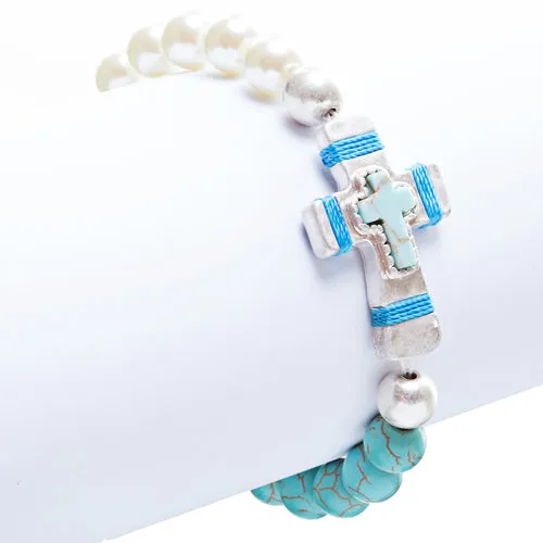 Cross Jewelry Charming Stone Cross Stretch Link Bracelet B493 Turquoise