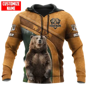 Custom Name Bear On Hoodie, Bear Hoodie, Cool Bear Leather Pattern Hoodie For Bear Lovers