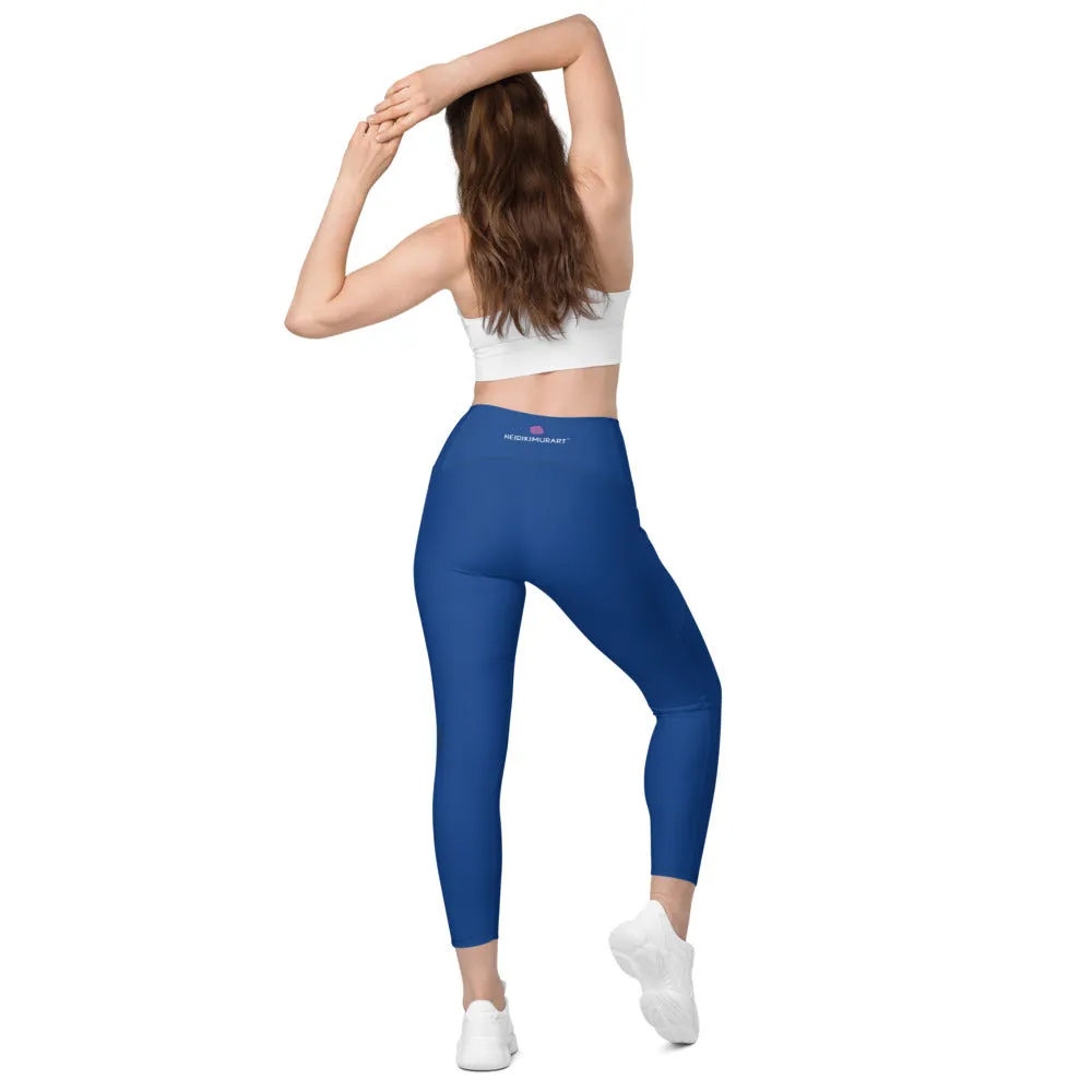 Dark Blue Women's Tights, Solid Color Best Yoga Pants With 2 Side Deep Long Pockets - Made in USA/EU/MX (US Size: 2XS-6XL)