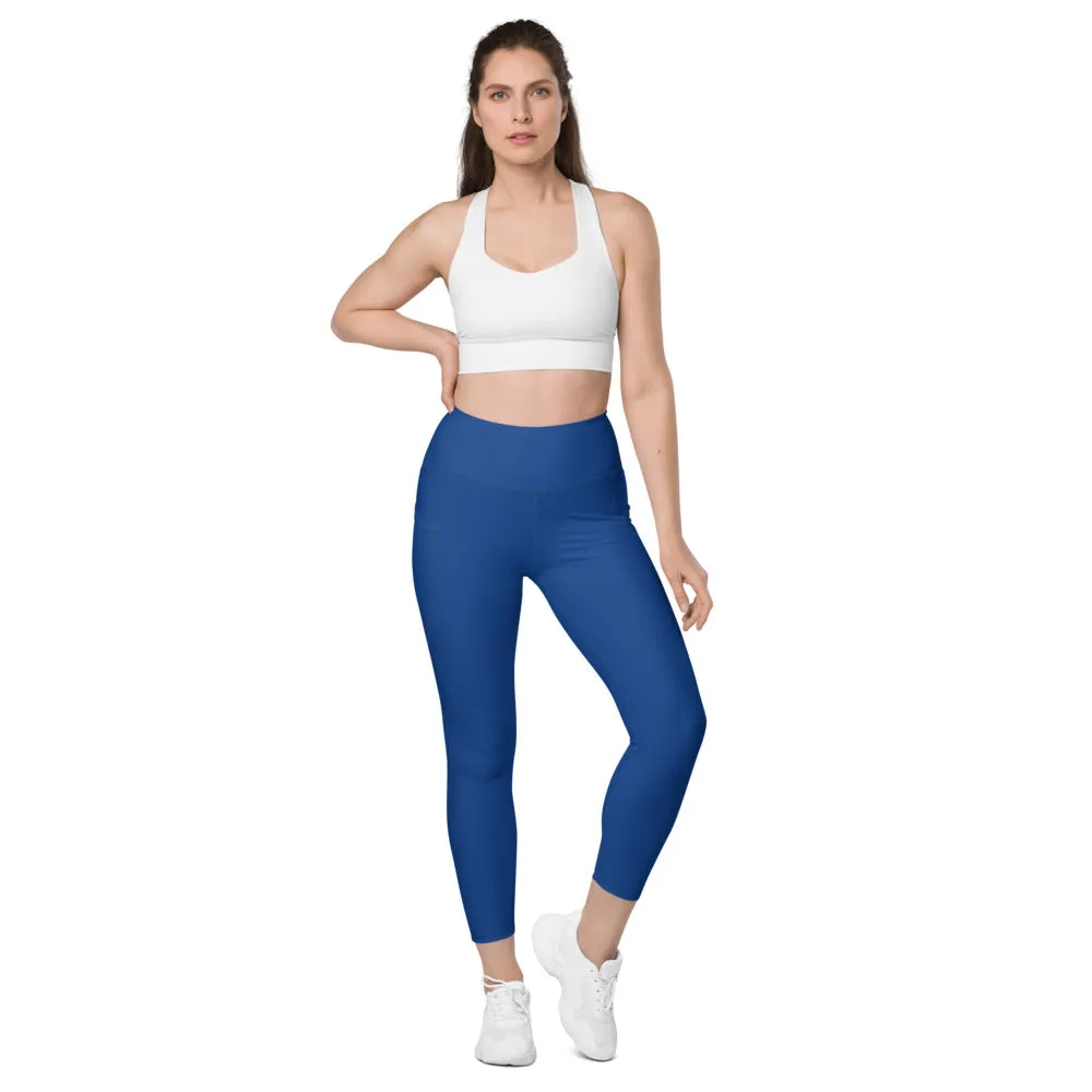 Dark Blue Women's Tights, Solid Color Best Yoga Pants With 2 Side Deep Long Pockets - Made in USA/EU/MX (US Size: 2XS-6XL)