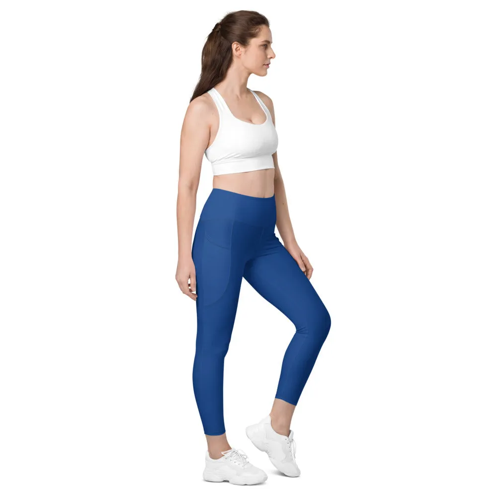 Dark Blue Women's Tights, Solid Color Best Yoga Pants With 2 Side Deep Long Pockets - Made in USA/EU/MX (US Size: 2XS-6XL)