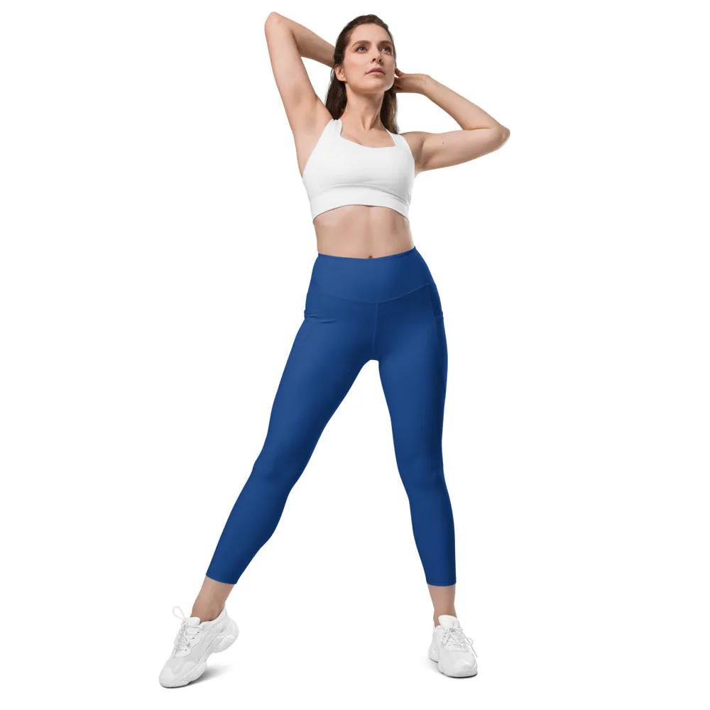 Dark Blue Women's Tights, Solid Color Best Yoga Pants With 2 Side Deep Long Pockets - Made in USA/EU/MX (US Size: 2XS-6XL)