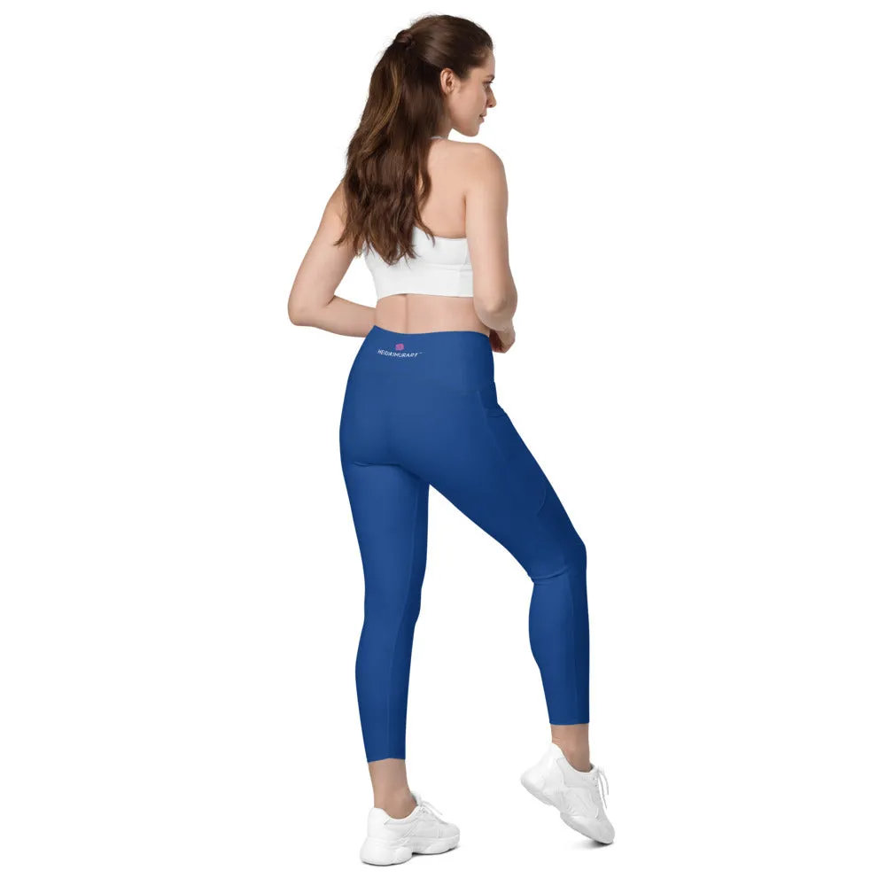 Dark Blue Women's Tights, Solid Color Best Yoga Pants With 2 Side Deep Long Pockets - Made in USA/EU/MX (US Size: 2XS-6XL)