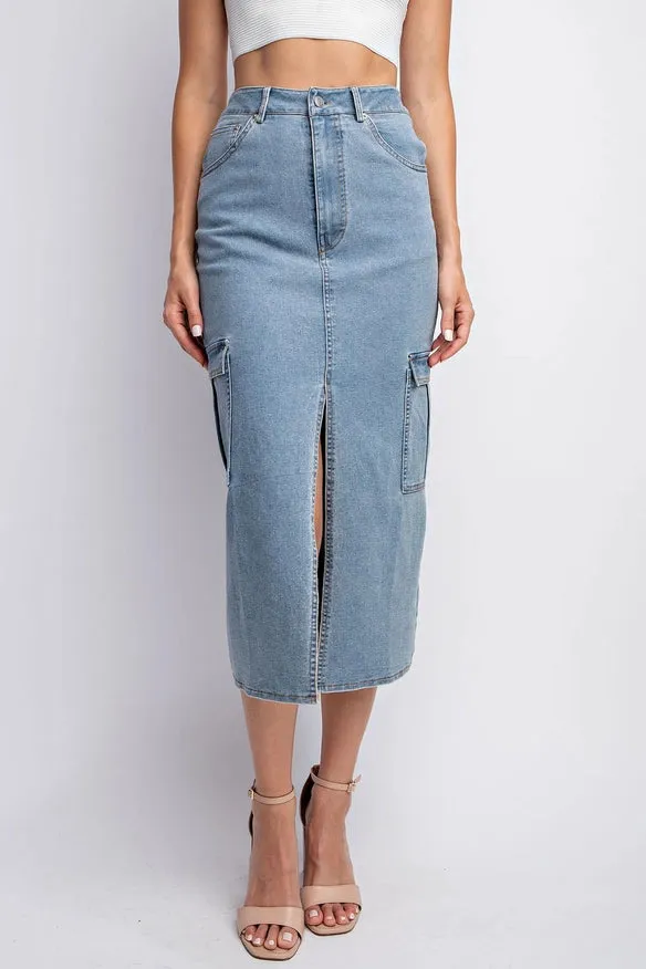 Denim Midi Skirt Front Slit Cargo Pocket