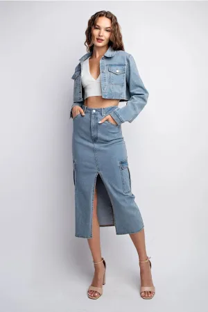 Denim Midi Skirt Front Slit Cargo Pocket
