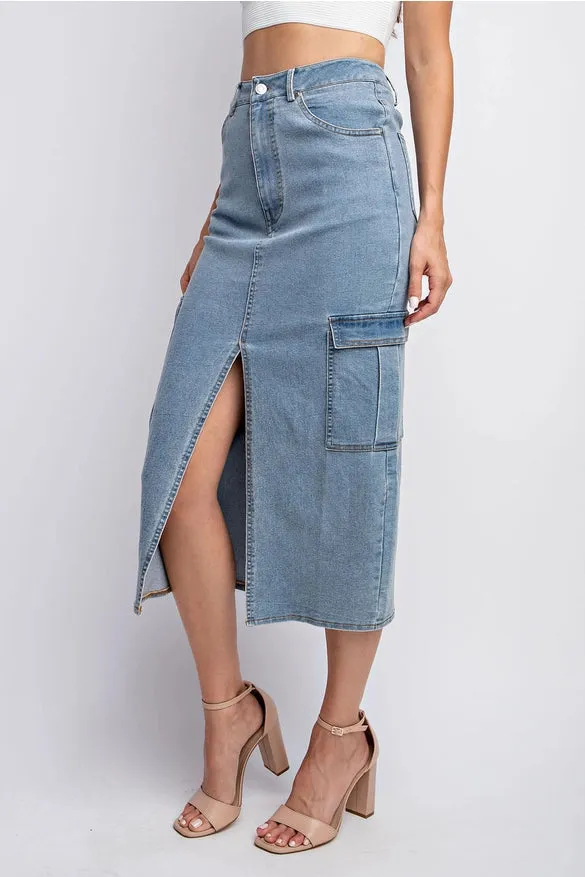 Denim Midi Skirt Front Slit Cargo Pocket