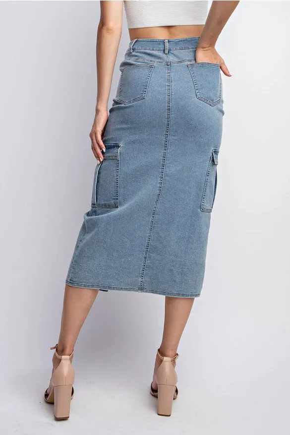 Denim Midi Skirt Front Slit Cargo Pocket
