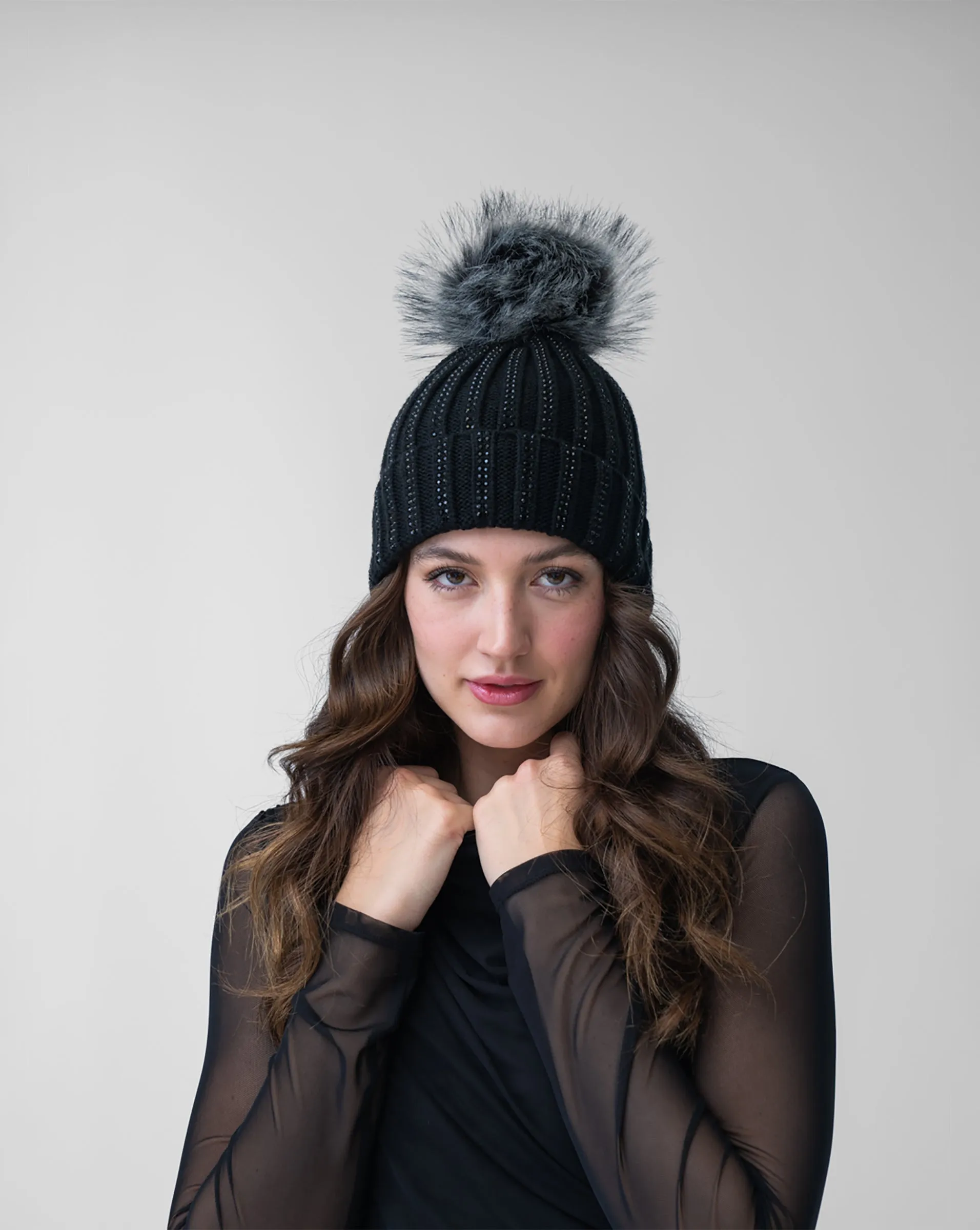 FINAL SALE - Cable Knit Crystal & Faux Fur Beanie Hat