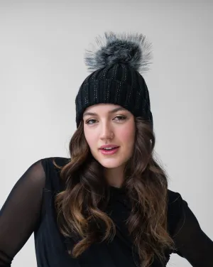 FINAL SALE - Cable Knit Crystal & Faux Fur Beanie Hat