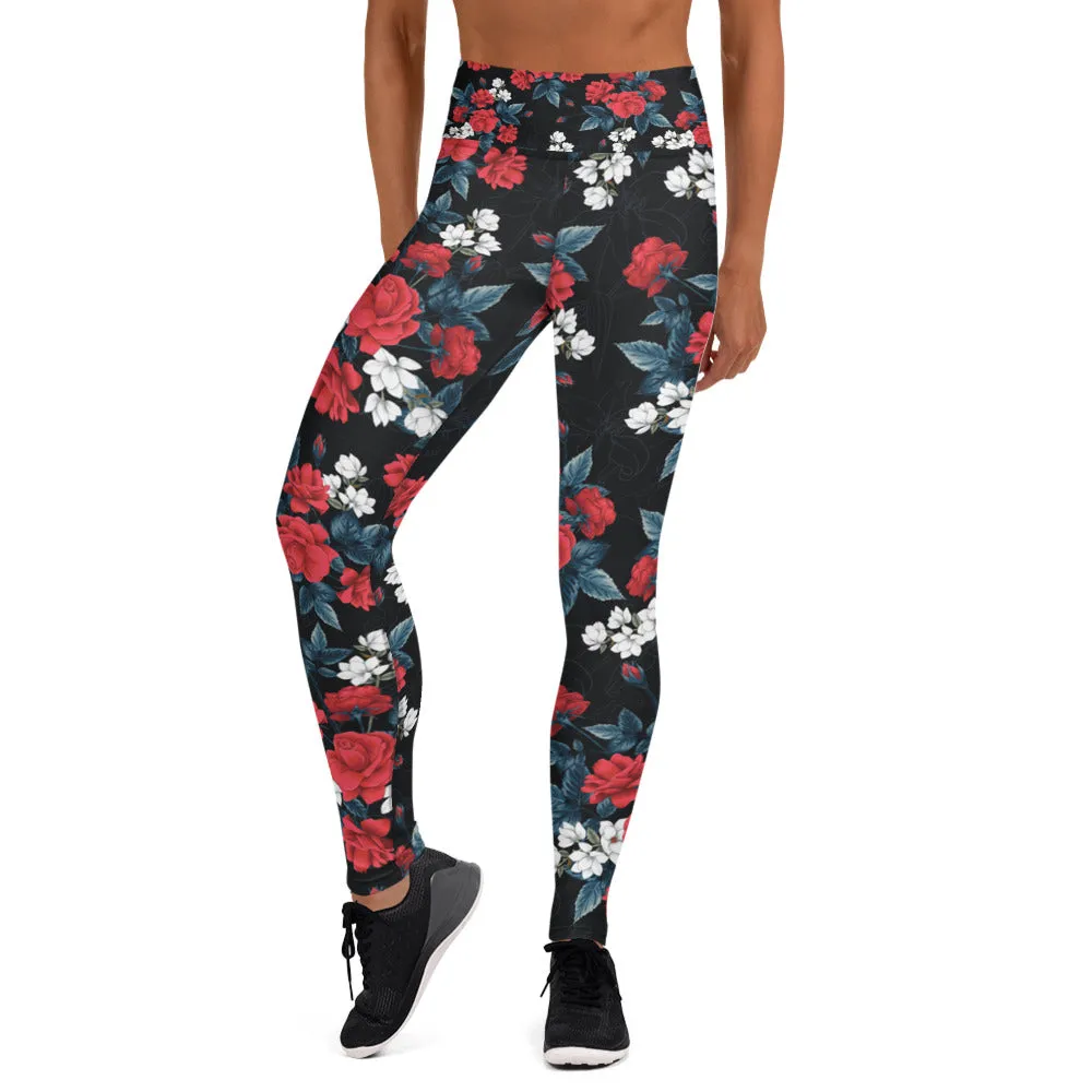 Floral Leggings for Women, Red Rose Flowers Pattern Black Yoga Pants High Rise Waisted Printed Cute Print Graphic Workout Running Gym Ladies