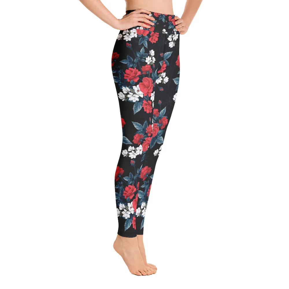 Floral Leggings for Women, Red Rose Flowers Pattern Black Yoga Pants High Rise Waisted Printed Cute Print Graphic Workout Running Gym Ladies
