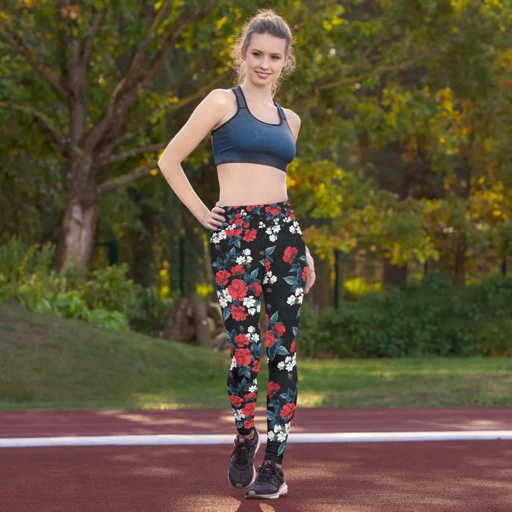 Floral Leggings for Women, Red Rose Flowers Pattern Black Yoga Pants High Rise Waisted Printed Cute Print Graphic Workout Running Gym Ladies