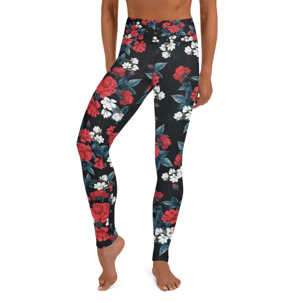 Floral Leggings for Women, Red Rose Flowers Pattern Black Yoga Pants High Rise Waisted Printed Cute Print Graphic Workout Running Gym Ladies