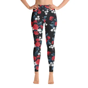 Floral Leggings for Women, Red Rose Flowers Pattern Black Yoga Pants High Rise Waisted Printed Cute Print Graphic Workout Running Gym Ladies