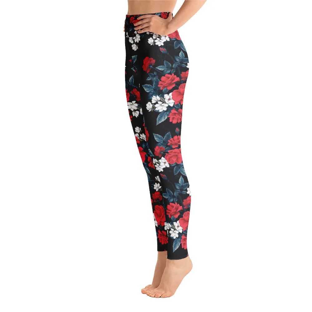 Floral Leggings for Women, Red Rose Flowers Pattern Black Yoga Pants High Rise Waisted Printed Cute Print Graphic Workout Running Gym Ladies