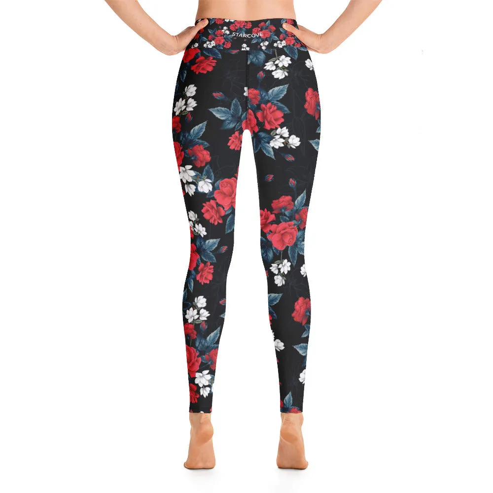Floral Leggings for Women, Red Rose Flowers Pattern Black Yoga Pants High Rise Waisted Printed Cute Print Graphic Workout Running Gym Ladies