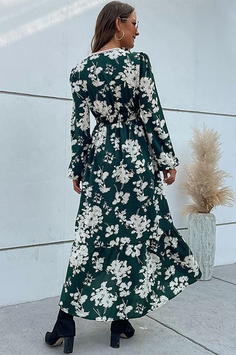 FLORAL PATTERN V NECK ELEGANT DRESS