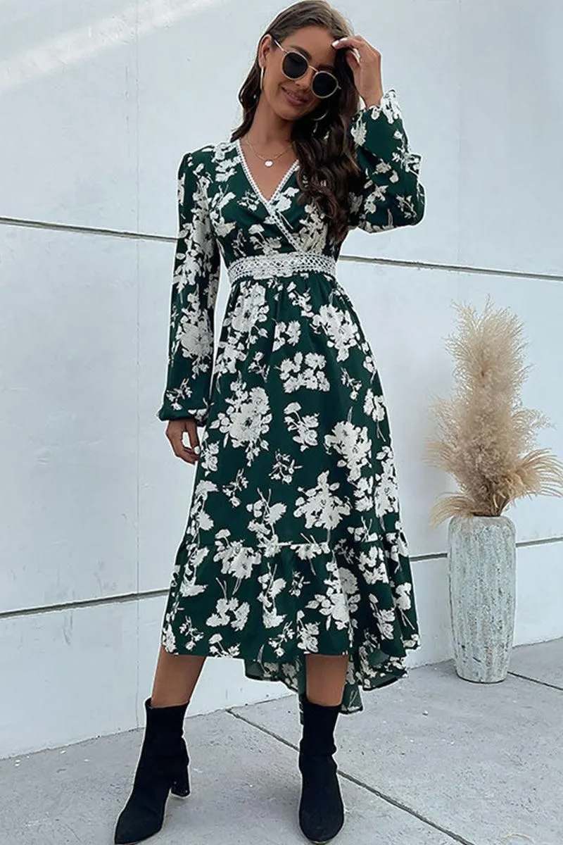 FLORAL PATTERN V NECK ELEGANT DRESS