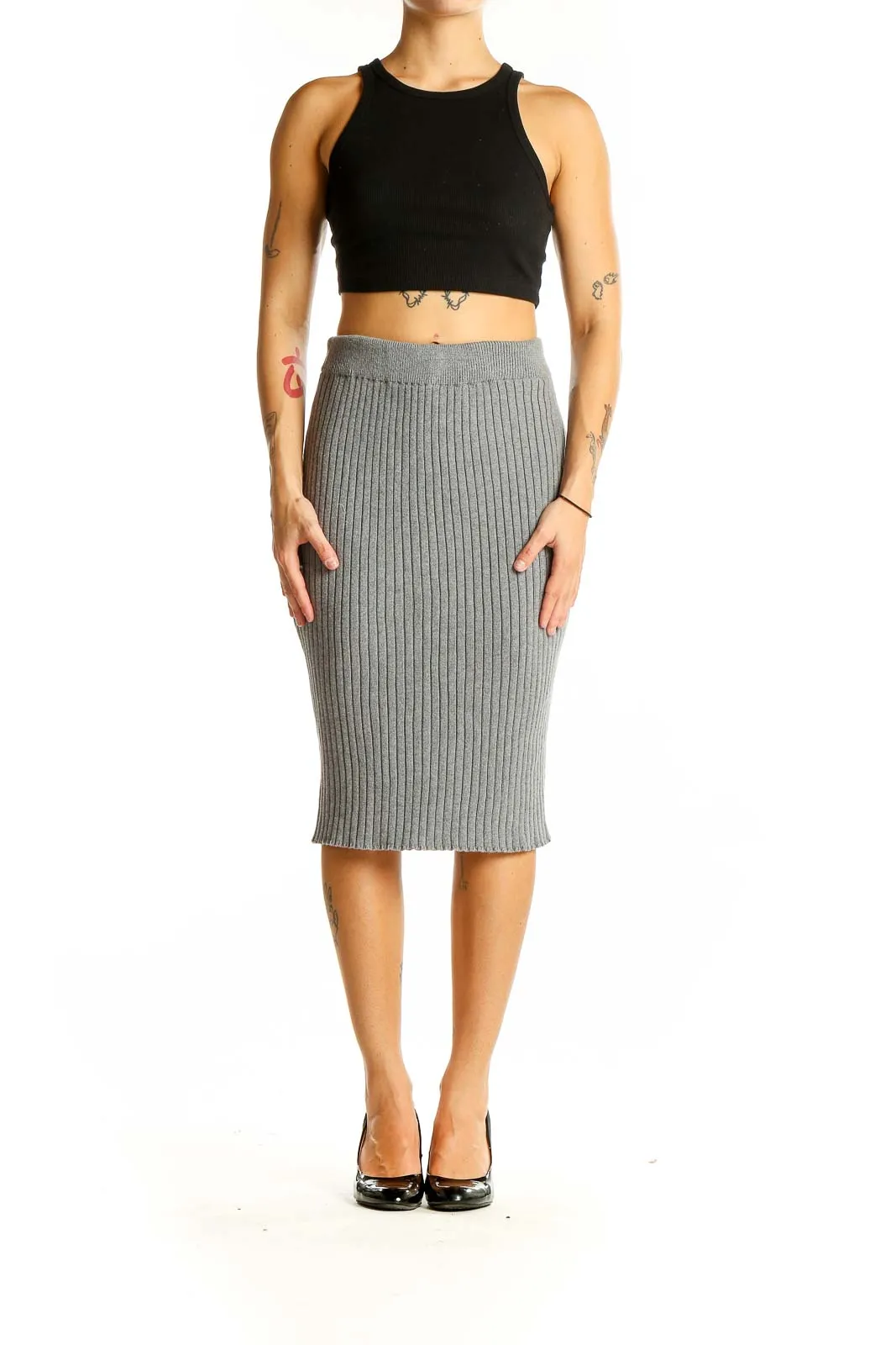 Gray Ribbed Knit Midi Skirt
