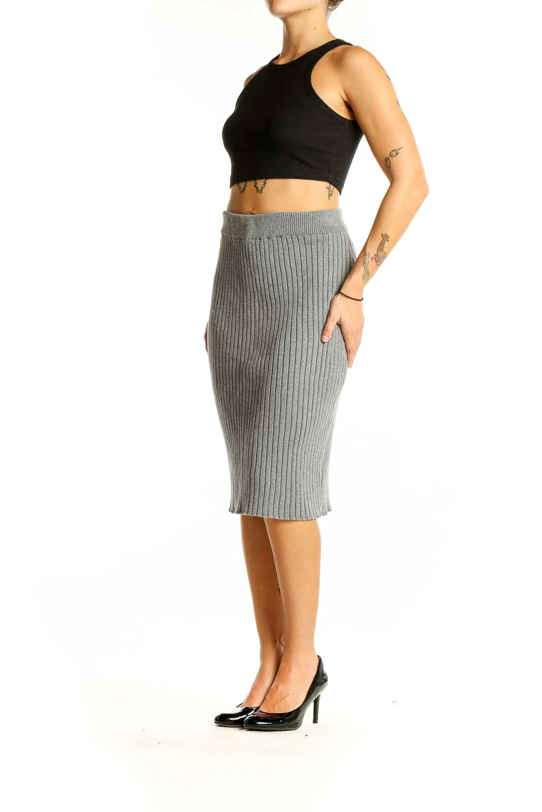 Gray Ribbed Knit Midi Skirt