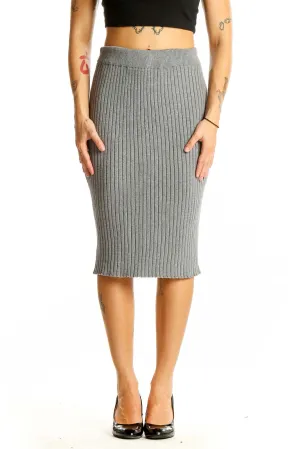 Gray Ribbed Knit Midi Skirt