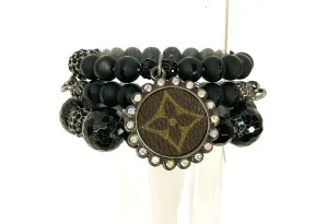 Hand beaded bracelet set  black beads with black pendant