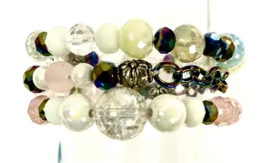 Hand beaded bracelet set iridescent, pink, clear (no pendant)