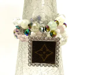 Hand beaded bracelet set iridescent, pink, clear with square silver pendant